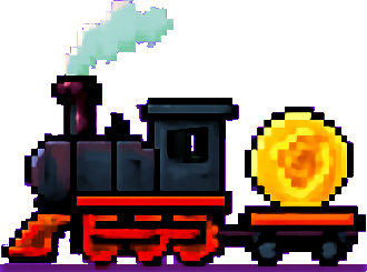 A pixel steam locomotive pulling a flatbed with a gold coin